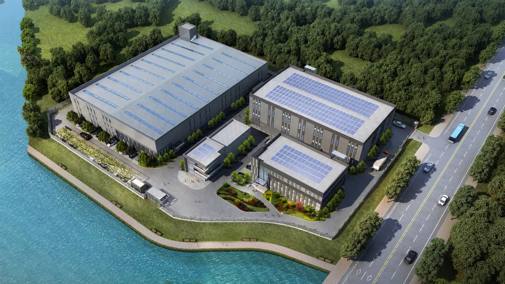 The Wuxi site today, from above, with 12,000 m² of factory floor area. Architectural rendering